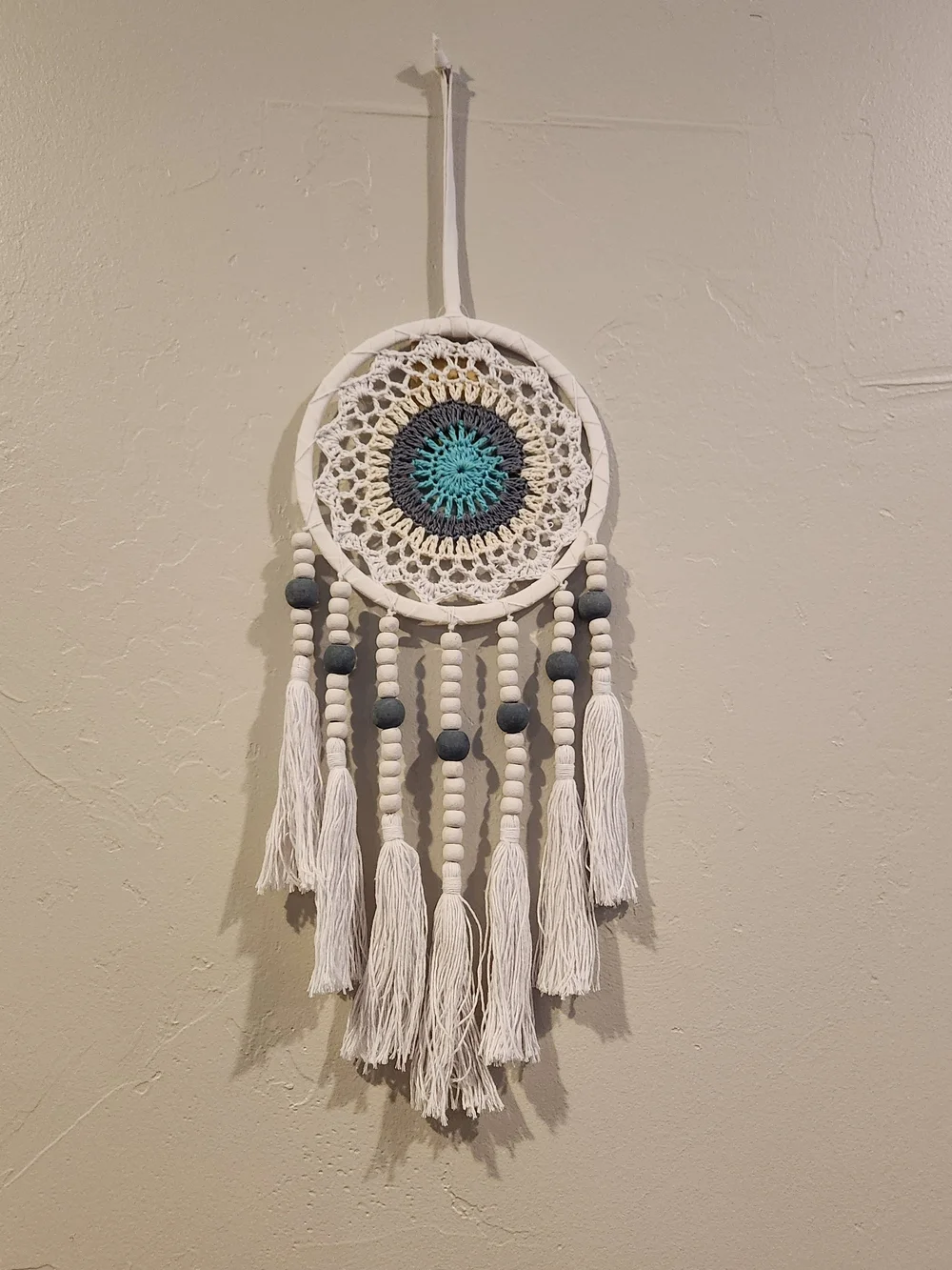 White and Teal Dreamcatcher Wall Hanging Boho Beaded Crochet